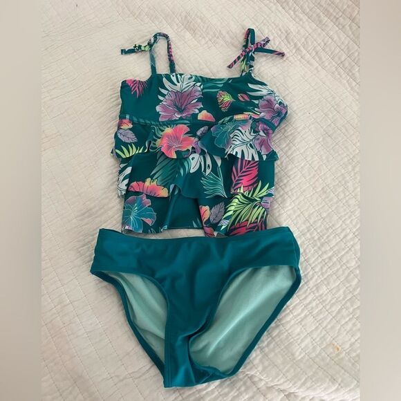Girls Justice 3 piece set swim suit teal and floral and shorts size Large - Picture 2 of 15